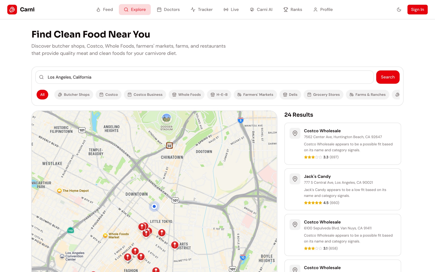 Carni Explore on desktop — Find Clean Food Near You, live map of Los Angeles with 24 results