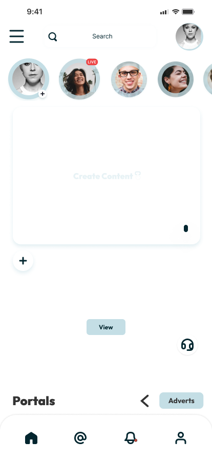 Tree Content Portal composer with create-content frame and Portals carousel