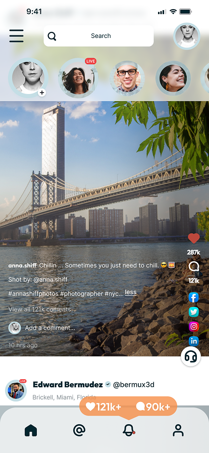 Tree timeline feed showing a friend's photo post with likes, comments, and connected-platform icons